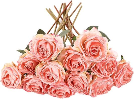 Kimura's Cabin 12pcs Pink Lifelike Artificial Roses Flowers with Stem Faux Silk Rose Bouquet Dried Roses Fake Flowers for Valentines Day Home Centerpiece Wedding Party DIY Decoration (Light Pink)