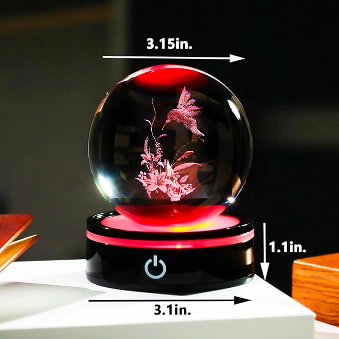 YWHL 3D Hummingbird Figurine Crystal Ball with Light Base, Hummingbird Gifts for Women Men on Christmas Birthday, 3D Laser Engraved Hummingbird Ornament Glass Decorative Ball for Home Office (80mm)