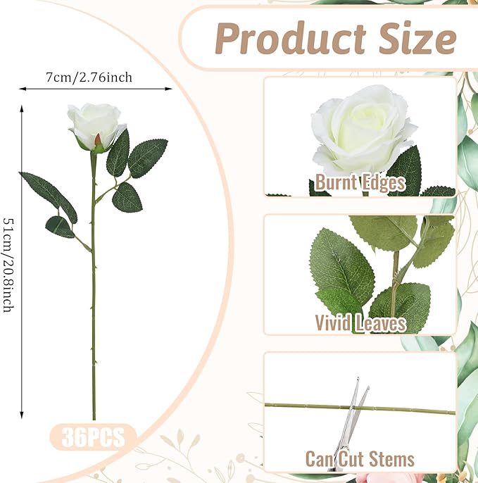 36 Pcs Silk White Rose Bouquet Bridal Artificial Flowers,Fake Rose Long Stem Realistic Artificial Flowers Bulk for Wedding Bouquet Ball Arrangement Centerpiece Party Decor
