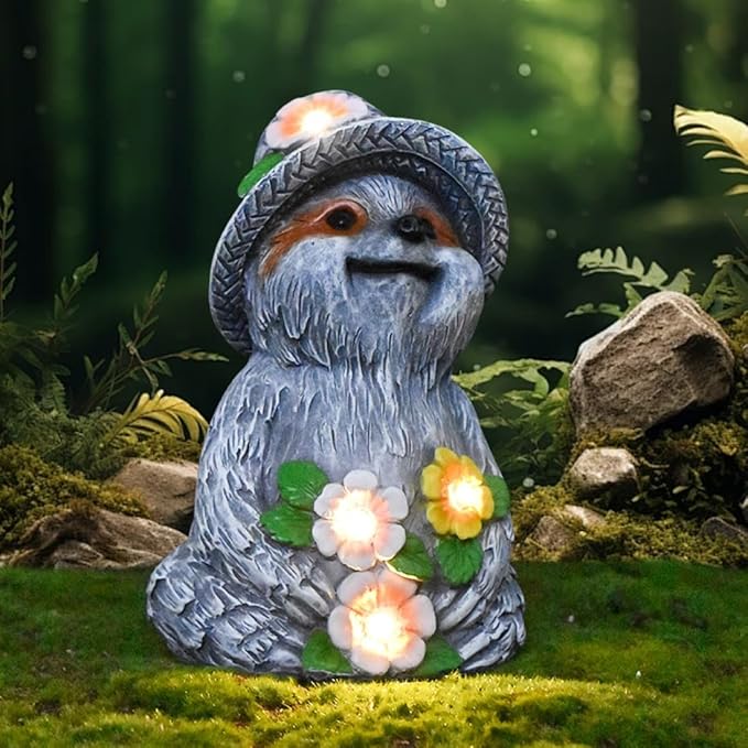 Solar Garden Outdoor Statues Adorable Sloth Figurine Lights with 4 LEDs, Ideal Garden Decor for Lawn, Patio, Balcony and Yard. Exquisite Lawn Ornament and Unique Gifts for Mom and Grandma