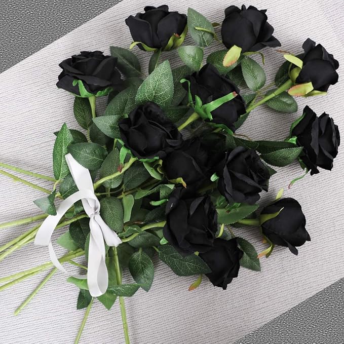 Hawesome 12PCS Artificial Silk Flowers Realistic Roses Bouquet Long Stem for Home Wedding Decoration Party (Black-1)