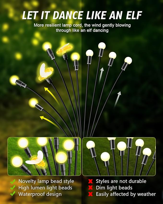 Solar Garden Lights 2024 Upgraded 40 LED Firefly Lights Solar Outdoor Sway by Wind for Patio Pathway Decoration 2+8 Warm White (Bees 4 Pack)…