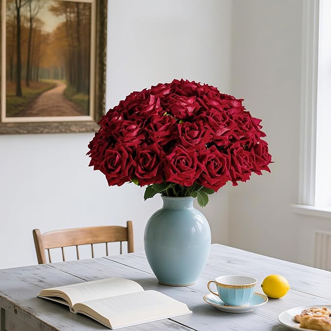 Fake Roses Faux Flowers Silk Roses Artificial Roses with Stems Realistic Artificial Flowers Suitable for Indoor Home Decoration DIY Bouquet Wedding Decor Party Decor 16.5In (Red, 36PCS)