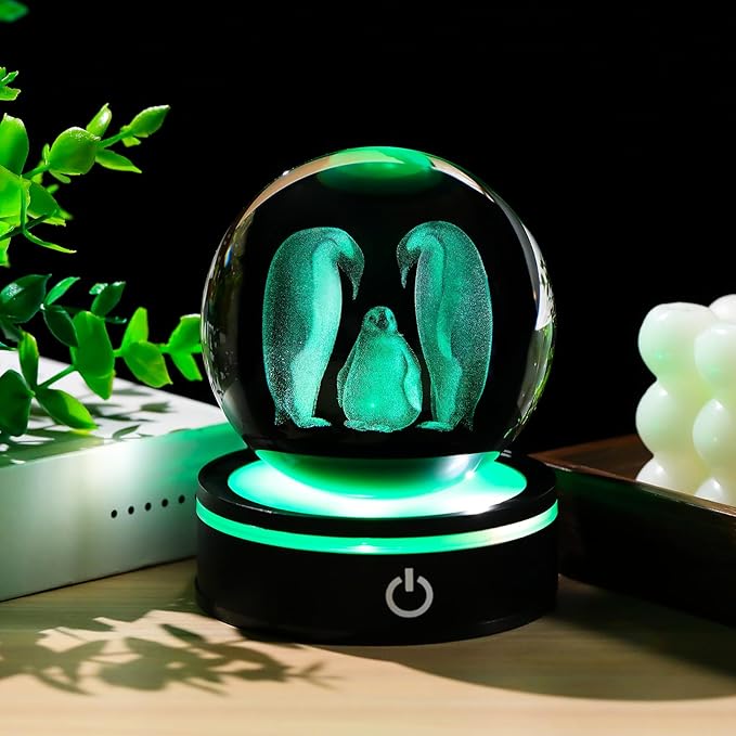 YWHL 3D Crystal Ball Penguin Figurine with LED Base Laser Penguins Gifts for Women Men on Christmas Birthday Decorative Penguin Statue Ball Glass Animals Globe Night Light for Home Decor (80mm)
