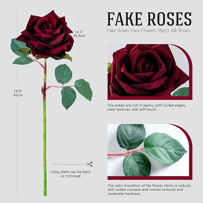 Fake Roses Faux Flowers Silk Roses Artificial Roses with Stems Realistic Artificial Flowers Suitable for Indoor Home Decoration Diy Bouquet Wedding Decor Party Decor 36PCS(16.5In,Black red)