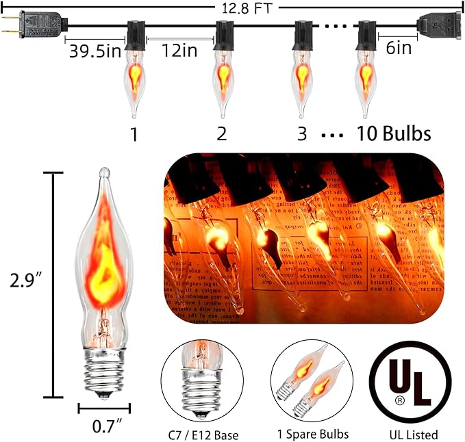 12.8Ft Christmas Lights Flickering Flame String Lights with 12 Pack Clear C7 Flame Light Bulbs(2 Spare), Great for Indoor Outdoor Home Patio Party Christmas Decorations Lights, 1W, E12 Base