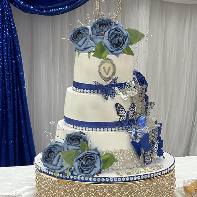 12 pcs Dusty Blue Roses Artificial Flowers Vintage Burnt Edge Rose 20" Realistic Silk Roses Bouquet with Long Stem for Wedding Party Floral Centerpieces Decoration (Dusty Blue)