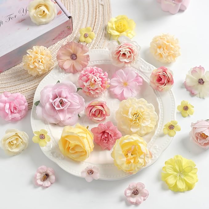 Faux Flower Heads Small Silk Artificial Flower DIY Fake Mini Flowers Rose Daisy Flowers Craft Supplies for Wedding Party Wreath Graduation Season Party Home Decor (125, Yellow Pink)