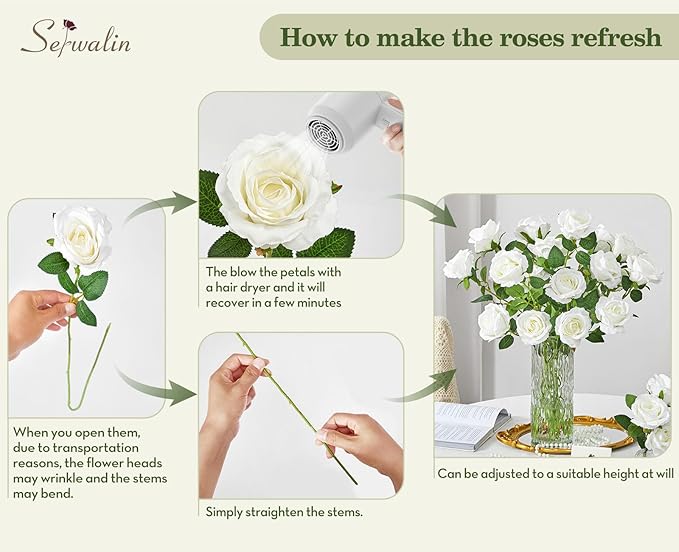 Serwalin 30PCS Artificial White Roses, Fake Silk Roses with Long Stems, Realistic Roses Flowers for Wedding Centerpieces Bridal Bouquet Party Home Office Decor