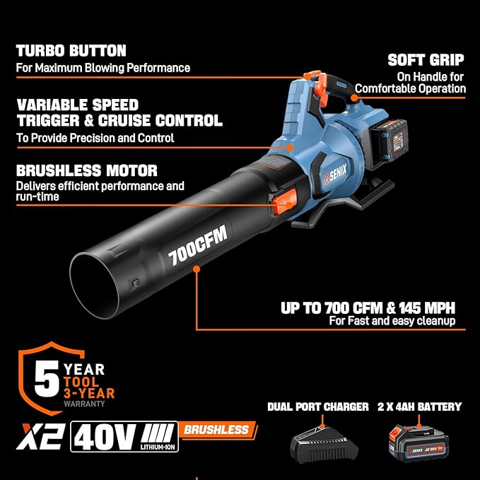 SENIX Leaf Blower Cordless, 40V Max Electric Leaf Blowers, Brushless, Handheld, Up to 700 CFM and 145 MPH, 2 Speed Mode, Cruise Control, Includes 2 x 4.0Ah Battery and Charger (BLAX2-M2)