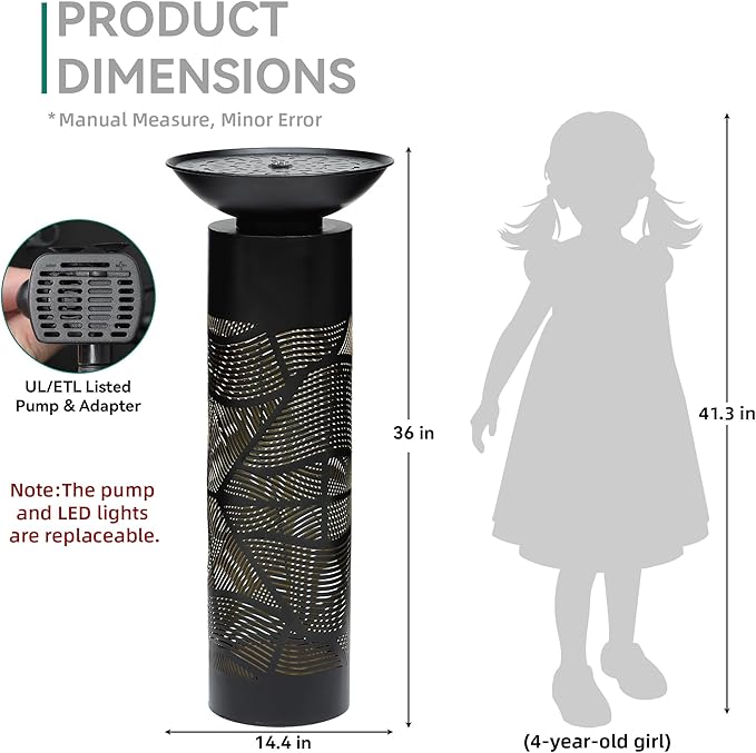 31.5" H Metal Cutout Geometric Patterns Outdoor Water Fountain with LED Lights, 2-Tier Modern Pedestal Waterfall Fountains, Ideal for Garden, Yard, Patio Décor