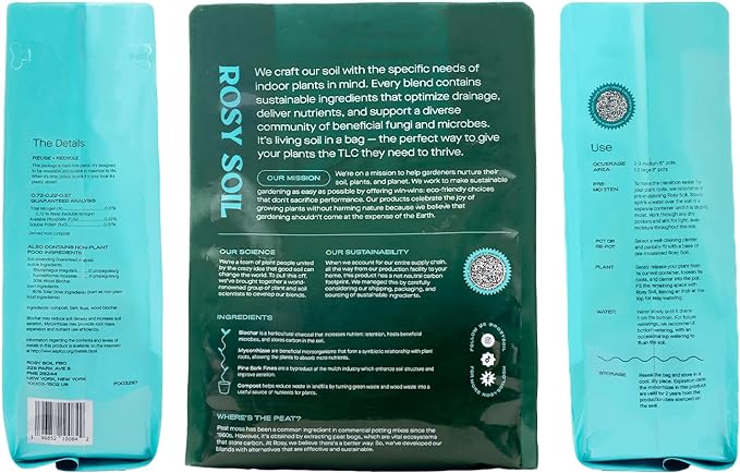 Rosy Soil Indoor Potting Soil for House Plants - Organic Potting Soil Mix for Indoor Plants - Enriched w/Root-Boosting Biochar for Foliage Plants, Flowers, Herbs - Peat Free, Less Prone to Gnats - 8qt