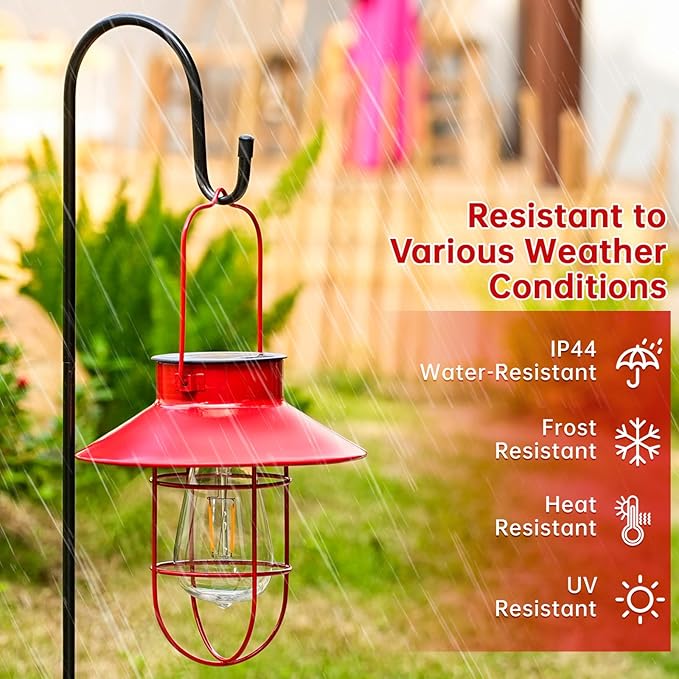Solar Lantern with Shepherd Hook, Solar Lights Lantern lamp, Outdoor Lights Decor, Water Resistant Edison Bulb Lights for Garden Decor ,Outside Decor for Pathways,Patio, Lawn or Yard (Red,2 Pack)
