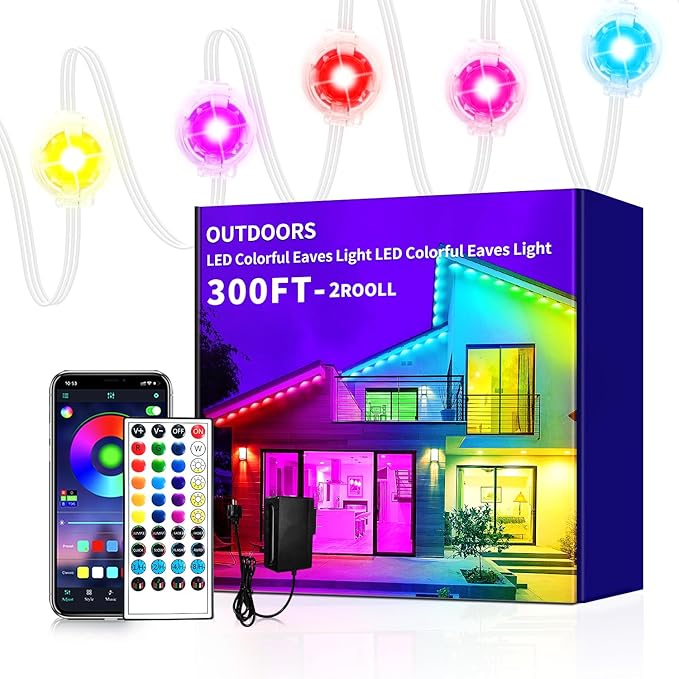 300ft Permanent Outdoor Lights, RGB LED Eaves Lights,IP67 Waterproof LED Eaves Light for Christmas,Halloween Decor,Outdoor Decor,Garden Décor(2 Rolls of 150ft)