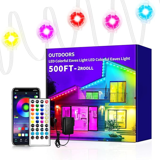 500ft Permanent Outdoor Lights, RGB LED Eaves Lights,IP67 Waterproof LED Eaves Light for Christmas,Halloween Decor,Outdoor Decor,Garden Décor(2 Rolls of 250ft)