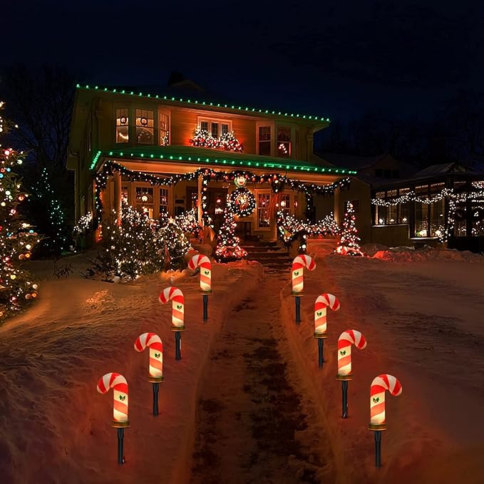 Christmas Candy Cane Pathway Lights Outdoor, 2 Sets 7Ft Christmas Outdoor Decoration String Lights with 8 Candy Cane Markers Stake Lights, Plug in Walkway Lights for Driveway Lawn Garden Yard Decor