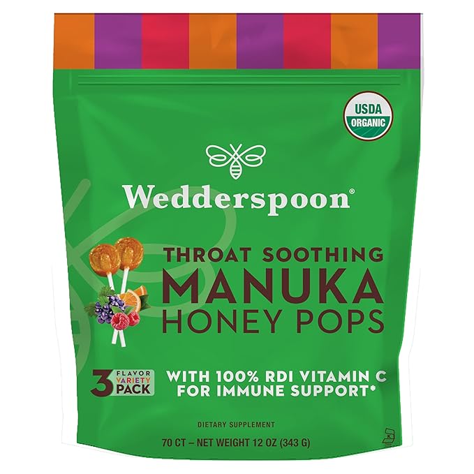 Wedderspoon Organic Manuka Honey Lollipops, Variety Pack, 70 Count (Pack of 1) Genuine Manuka Honey + Vitamin C No Artificial Flavors or Dye Feel Better Lollipop for Kids & Grown-ups