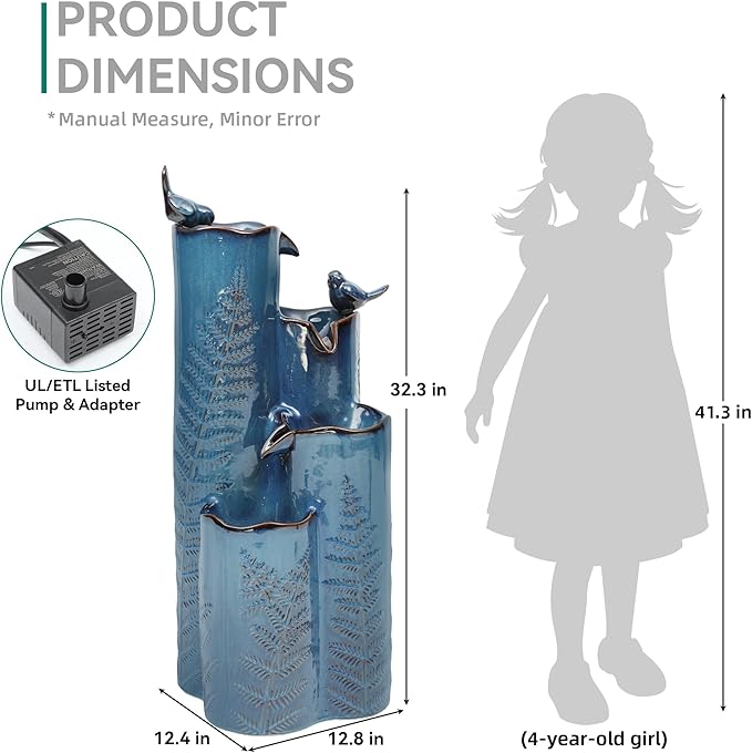 32 Outdoor Water Fountain, Unique Vase Ceramic Fountain withs Lights, 4-Tier Waterfalls with Birds, Tranquil Oasis for Garden Patio Yard Deck Balcony Decor, Tropical Fern, AquavTurquoise