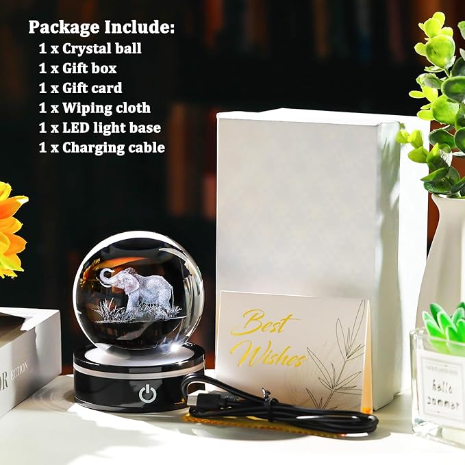 YWHL 3D Elephant Figurine Crystal Ball with Colorful Light Base, Elephant Gift for Women and Men on Christmas or Birthday, 3D Laser Engraved Full Sphere Glass Decorative Ball for Home or Office (80mm)