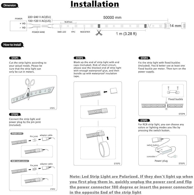 5050-60 Type AC 110-120V White LED Strip Lights, Flexible/Waterproof/Dimmable/Multi-Modes LED Rope Light + 23 Keys Remote for Home/Garden/Building Decoration (164ft/50m, White 6000K)