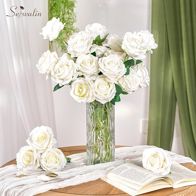 Serwalin 50pcs Artificial White Roses, 4'' Velvet Flower Head Fake Roses Bulk, Real Touch Silk Roses Realistic Bouquet Long Stems Wedding Home Decor and Table Centerpiece