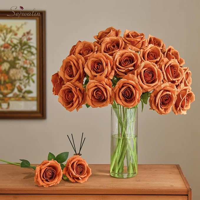 Serwalin 20pcs Artificial Burnt Orange Roses, 4'' Big Flower Head Fake Roses, Velvet Real Touch Roses, Silk Roses Long Stems for Home Decor Wedding Bouquet and Table Centerpiece