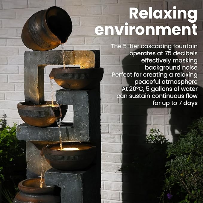 50.4" H Large Garden Fountains Outdoor, 5-Tier Cascading Rustic Style Bowl Water Fountain and Waterfall Feature with Light and Pump for Garden, Patio, Deck, Porch, Home Décor, Gray&Brown