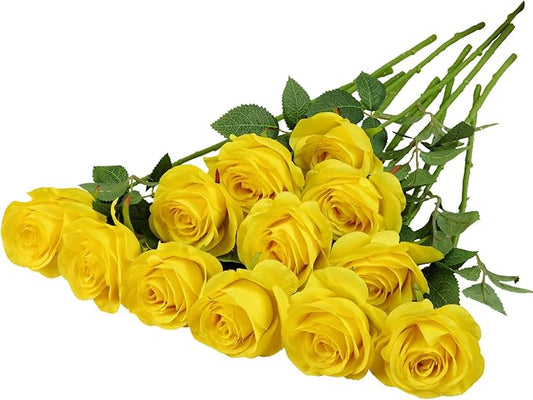 12pcs Yellow Roses Artificial Flowers Fake Roses Silk Flowers Roses with Long Stems for Wedding Home Party Centerpieces Decorations