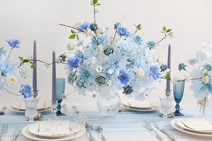 YYHUAWU Fake Flower Heads Mini Blue Artificial Flower Faux Dahlia Rose Flowers Multicolor Silk Daisy Flower Heads for Craft Garland Wedding Bridal Baby Shower Home Party Decoration DIY Cake Decor