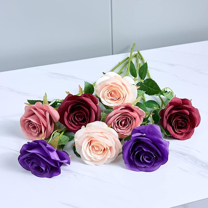 12pcs Roses Artificial Flowers Fake Roses Burgundy Silk Roses Wine Red Silk Flowers Rose with Long Stems for Wedding Home Party Centerpieces Decorations