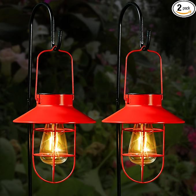 Solar Lantern with Shepherd Hook, Solar Lights Lantern lamp, Outdoor Lights Decor, Water Resistant Edison Bulb Lights for Garden Decor ,Outside Decor for Pathways,Patio, Lawn or Yard (Red,2 Pack)