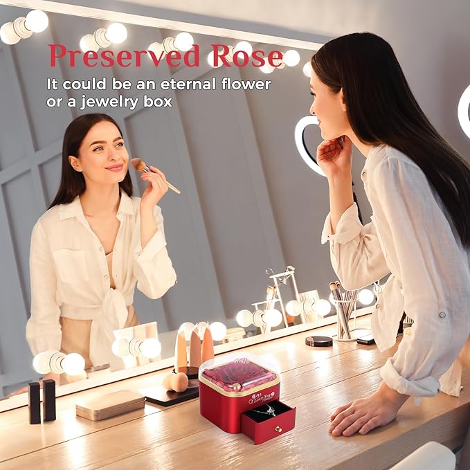 Mikasol Preserved Rose & Heart-Shaped Necklace with Jewelry Box - Preserved Rose, Ideal Romantic Gift for Women, Anniversary, Valentines, Red, 4.9"x4.5"x4.2"