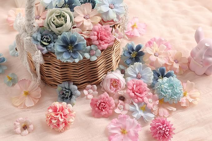 Faux Flower Heads Small Silk Artificial Flower DIY Fake Mini Flowers Rose Daisy Flowers Craft Supplies for Wedding Party Wreath Graduation Season Party Home Decor (125, Blue Pink)