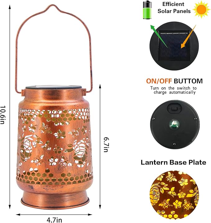 Solar Lanterns Outdoor Garden Decor, Gifts for Women, Mom, Grandma, Birthday, Thanksgiving, Decorative Waterproof Hanging Metal LED Light for Yard, Patio, Lawn, Landscape, Backyard (Bee)