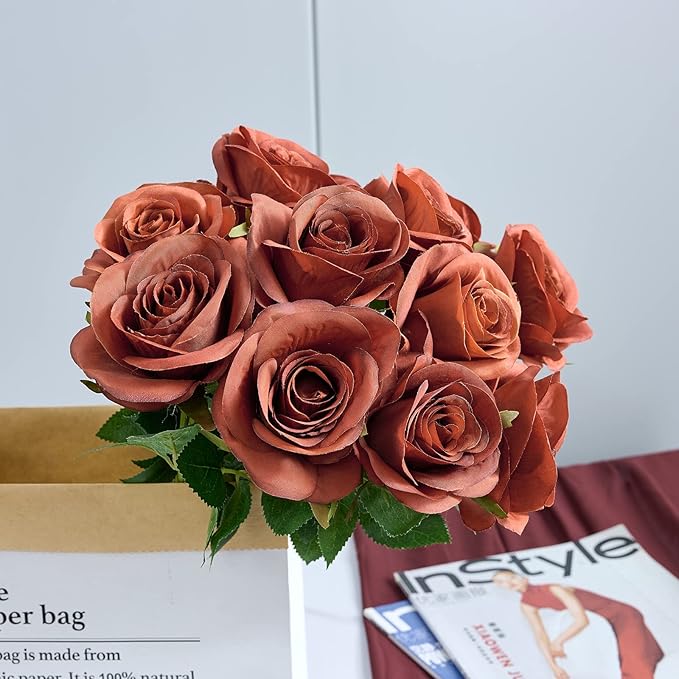 12pcs Rust Orange Rose Artificial Flowers Faux Roses Silk Roses Orange Silk Flowers with Long Stems for Wedding Baby Shower Home Decor Party Centerpieces Table Decorations