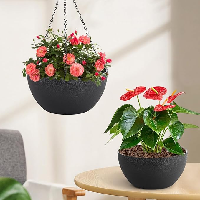 12 inch Hanging Planters for Indoor Plants, 2 Pack Planters for Outdoor Plants with Drainage Holes and Chain, Round Plastic Hanging Baskets, Hanging Flower Pots for Balcony Garden Decor-Black