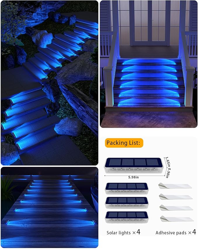 Blue Solar Lights for Outside,4 Pack Solar Deck Lights Outdoor Waterproof LED,Blue Step Light for Outside,Dock Light Solar Powered Waterproof for Deck,Steps,Dock,Driveway,Stair,Path