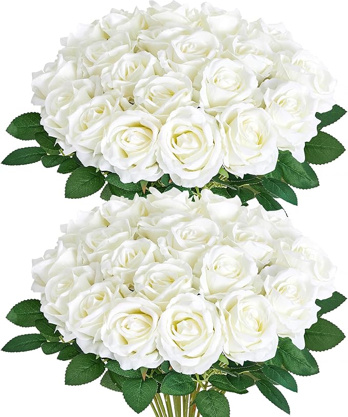 Serwalin 30PCS Artificial White Roses, Fake Silk Roses with Long Stems, Realistic Roses Flowers for Wedding Centerpieces Bridal Bouquet Party Home Office Decor