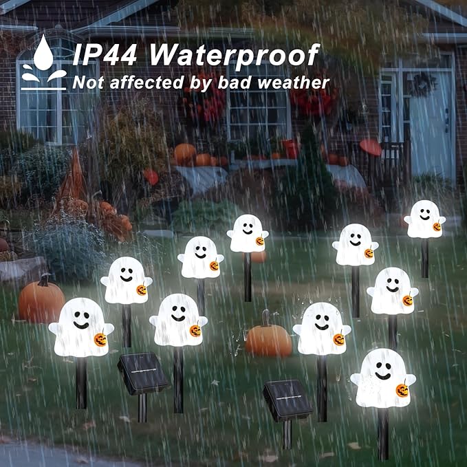 Solar Halloween Ghost Pathway Lights, 10 Pack Ghost Stake Lights with Pumpkin Design, Durable Waterproof Outdoor Halloween Decoration for Garden, Walkway, and Yard (10Pcs PGhost)