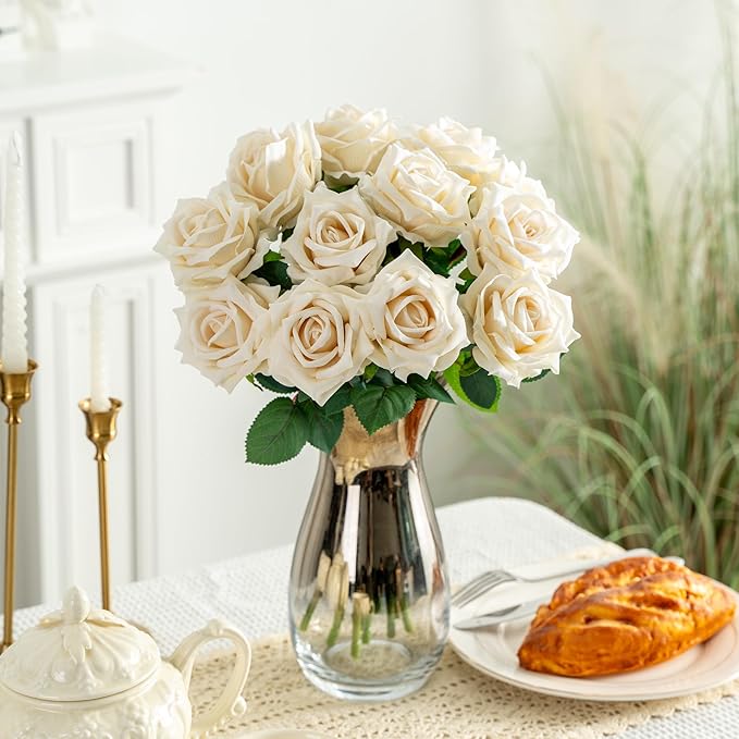 Fake Roses Faux Flowers 12PCS Silk Roses Artificial Roses with Stems Realistic Artificial Flowers Suitable for Indoor Home Decoration DIY Bouquet Wedding Decor Party Decor 16.5In (White)