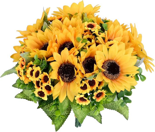 Lvydec Artificial Sunflower Bouquet, 2 Bunches Silk Sunflowers Fake Yellow Flowers for Home Decoration Wedding Decor (2 Pack)