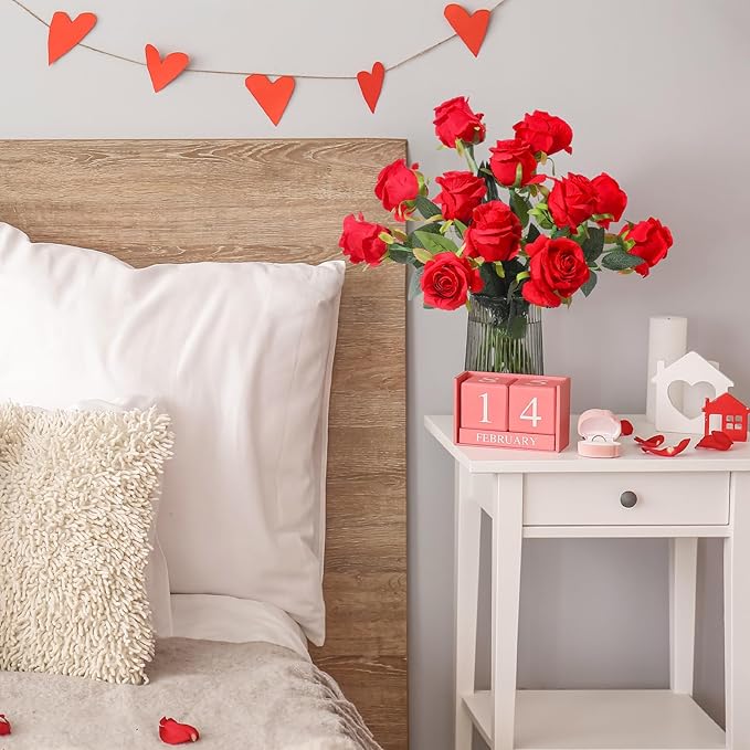 12Pcs Realistic Fake Red Roses Faux Flowers with Long Stems, Artificial Silk Rose Flowers for Valentines Day Home Wedding Decor Bridal Bouquet