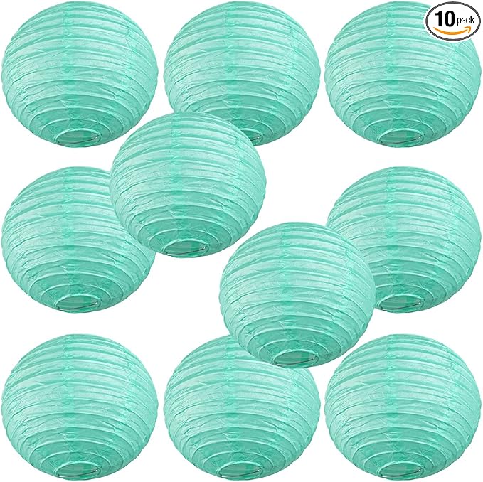 WYZworks - Round Paper Lanterns 10 Pack (Aquamarie, 16") - Hanging Paper Lanterns Lamp for Wedding, Birthday, Party and Home Decorations with 8", 10", 12", 14", 16" Option
