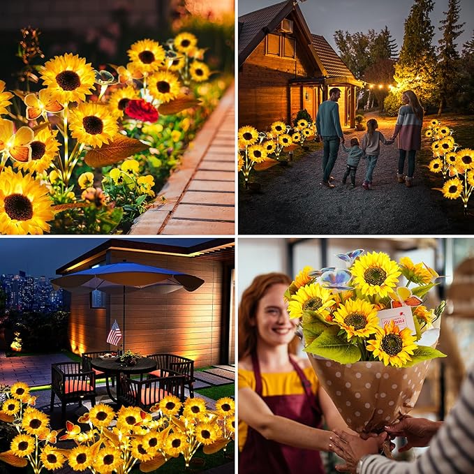 Solar Flower Lights Outdoor Garden Decor, FabStyl 2 Pack Sunflower Decor with 4 Butterfly, Solar Garden Lights Outdoor Waterproof Decorative for Pathway, Yard, Patio, Gifts for Mom Women