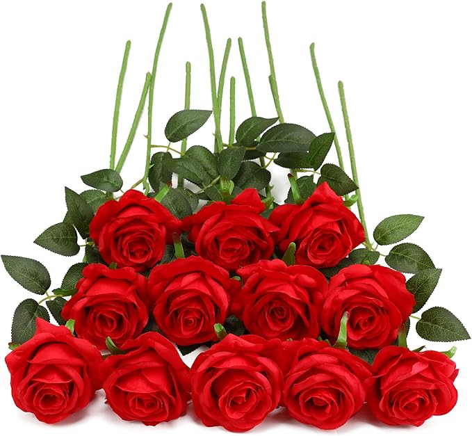 Red Fake Roses Artificial Flowers - 16 Pcs Fake Artificial Roses Silk Flowers with Stems for Home Wedding Hotel Office Centerpiece Decor
