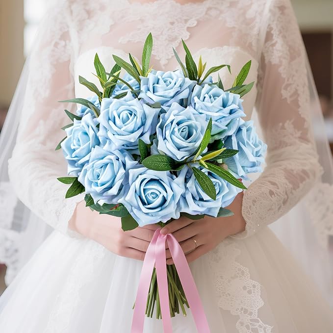 Fake Roses Faux Flowers Silk Roses 12PCS Artificial Roses with Stems Realistic Artificial Flowers Suitable for Indoor Home Decoration Diy Bouquet Wedding Decor Party Decoration (Blue)16.5“