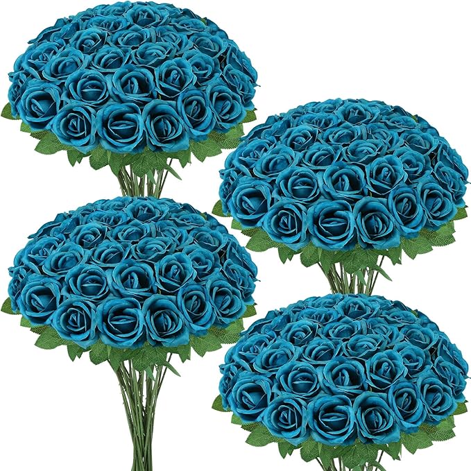 36 Pcs Teal Artificial Roses with Long Stems, Blue Green Fake Silk Rose Artificial Flowers Bulk for Bridal Wedding Bouquet Centerpiece Ball Arrangement Party Decor