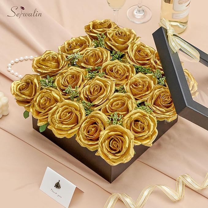 Serwalin 20pcs Artificial Gold Roses, 4'' Big Flower Head, Fake Roses Velvet Real Touch, Silk Roses Long Stems Realistic Bouquet for Wedding Parties Table Centerpiece and Home Decor