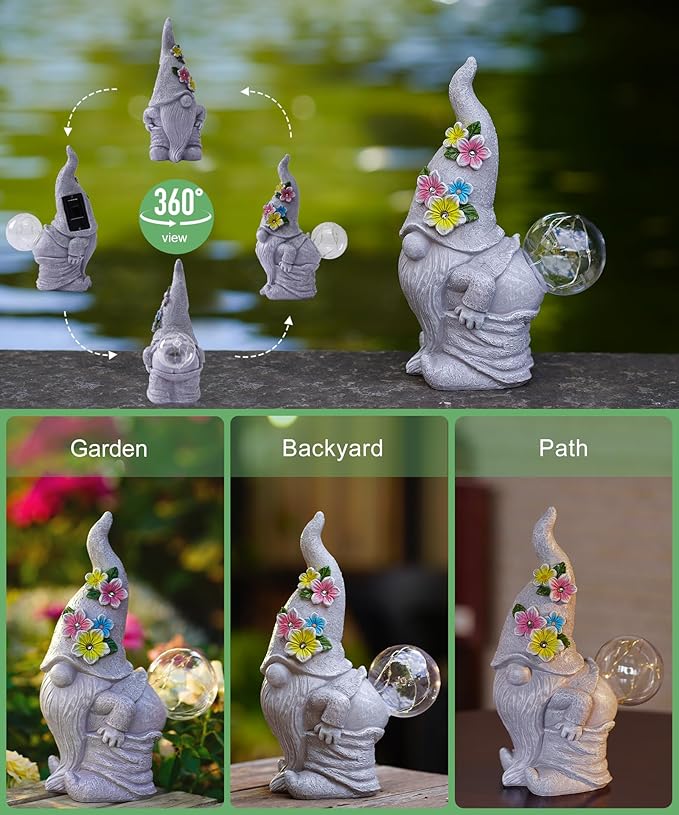 Solar Gnome Statue for Garden Decor: Outdoor Sculpture for Yard Lawn Porch Balcony Patio - Ideal Gift for Lover Mom Women Grandma