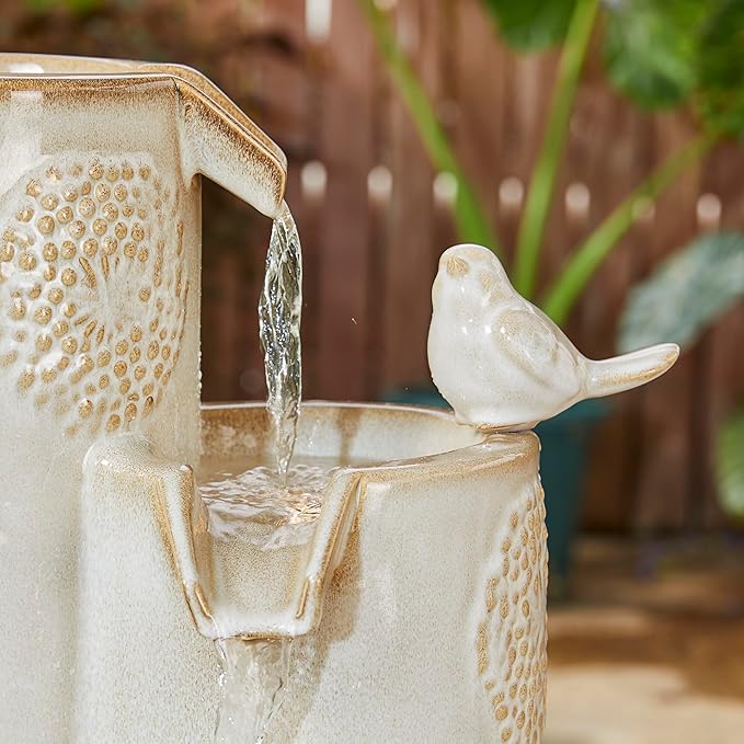 Glitzhome 31.75" H Outdoor Water Fountain with LED Lights and Pump, 4 Tier Dandelion Texture Vase Shaped Ceramic Floor Standing Fountain with Birds for Porch Deck Garden Patio Backyard, Sand Beige